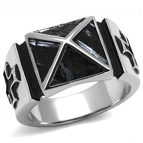 MATK3075 - High polished (no plating) Stainless Steel Ring with Leather  in Jet