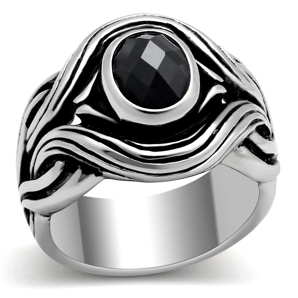 MATK307 - High polished (no plating) Stainless Steel Ring with AAA Grade CZ  in Jet