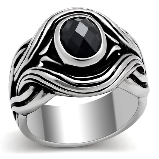 MATK307 - High polished (no plating) Stainless Steel Ring with AAA Grade CZ  in Jet
