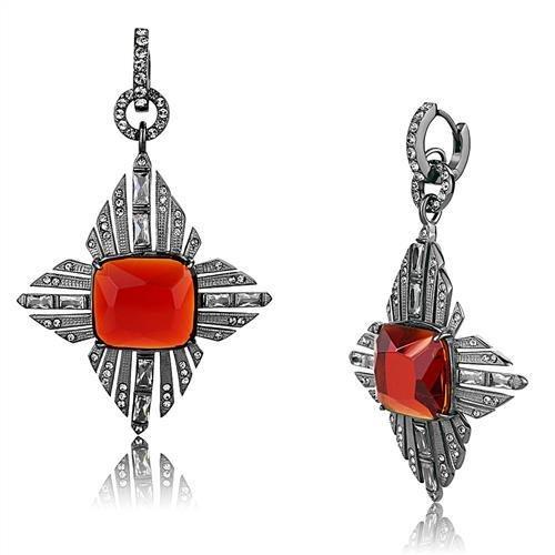 MATK3080 - IP Light Black  (IP Gun) Stainless Steel Earrings with Synthetic Synthetic Glass in Orange