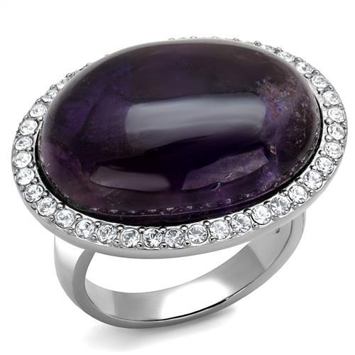 MATK3083 - High polished (no plating) Stainless Steel Ring with Semi-Precious Amethyst Crystal in Amethyst