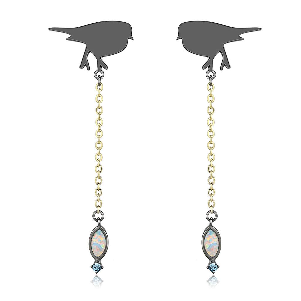 MATK3098 - IP Gold+ IP Black (Ion Plating) Stainless Steel Earrings with Semi-Precious Opal in Aurora Borealis (Rainbow Effect)