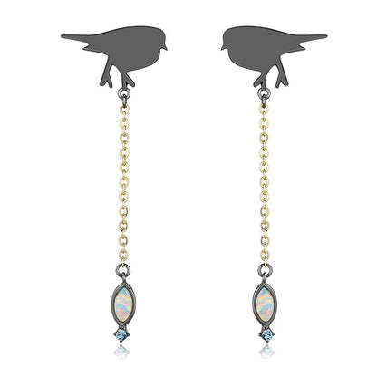 MATK3098 - IP Gold+ IP Black (Ion Plating) Stainless Steel Earrings with Semi-Precious Opal in Aurora Borealis (Rainbow Effect)