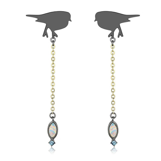 MATK3098 - IP Gold+ IP Black (Ion Plating) Stainless Steel Earrings with Semi-Precious Opal in Aurora Borealis (Rainbow Effect)