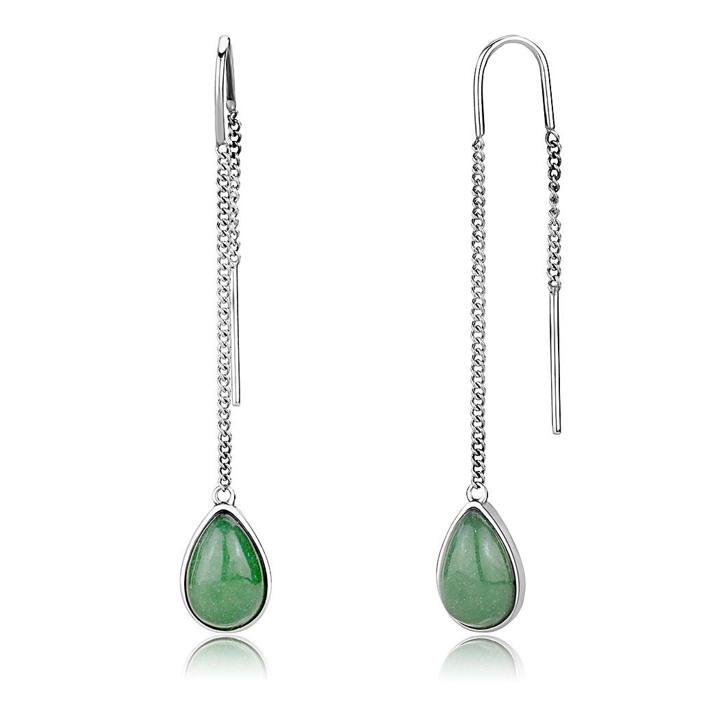 MATK3099 - High polished (no plating) Stainless Steel Earrings with Semi-Precious Jade in Emerald