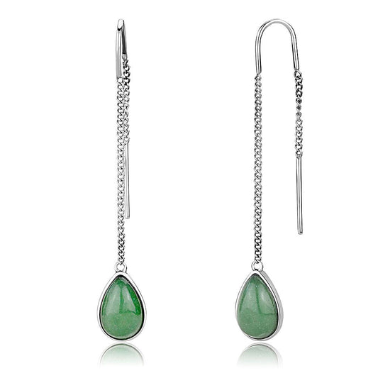 MATK3099 - High polished (no plating) Stainless Steel Earrings with Semi-Precious Jade in Emerald