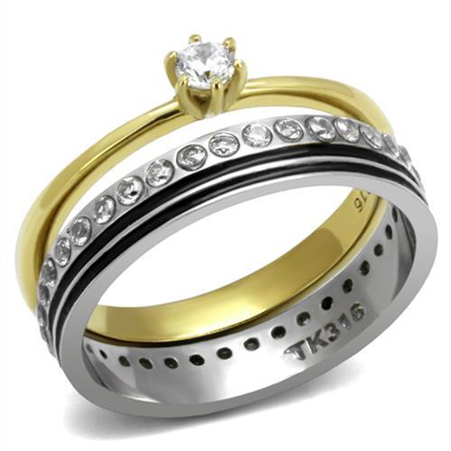 MATK3108 - Two-Tone IP Gold (Ion Plating) Stainless Steel Ring with AAA Grade CZ  in Clear
