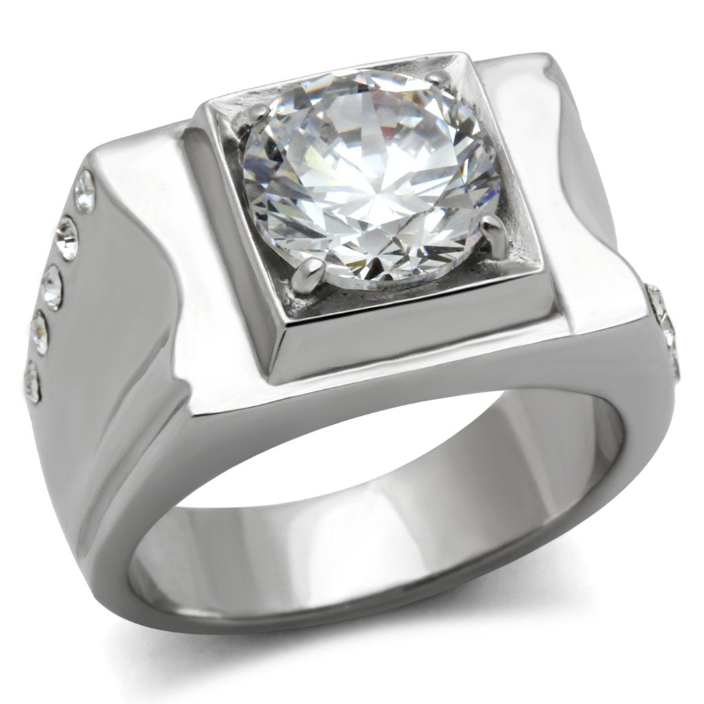 MATK311 - High polished (no plating) Stainless Steel Ring with AAA Grade CZ  in Clear