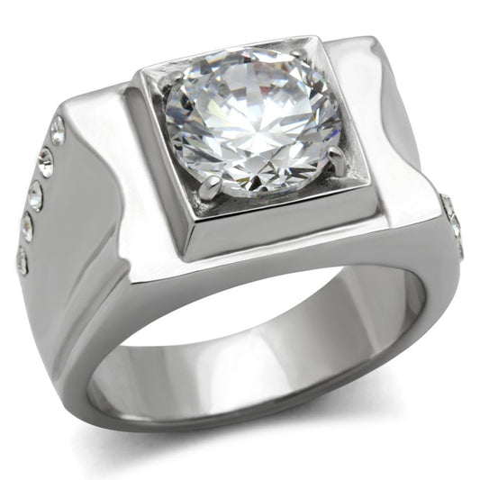 MATK311 - High polished (no plating) Stainless Steel Ring with AAA Grade CZ  in Clear