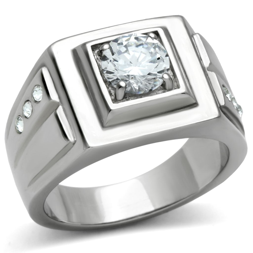 MATK313 - High polished (no plating) Stainless Steel Ring with AAA Grade CZ  in Clear