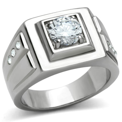 MATK313 - High polished (no plating) Stainless Steel Ring with AAA Grade CZ  in Clear