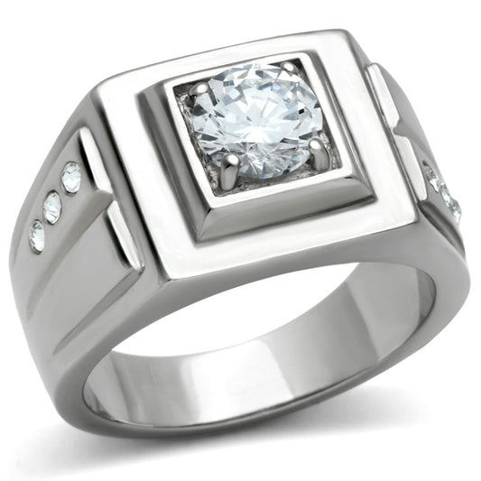 MATK313 - High polished (no plating) Stainless Steel Ring with AAA Grade CZ  in Clear