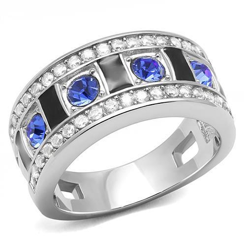MATK3141 - High polished (no plating) Stainless Steel Ring with Top Grade Crystal  in Sapphire