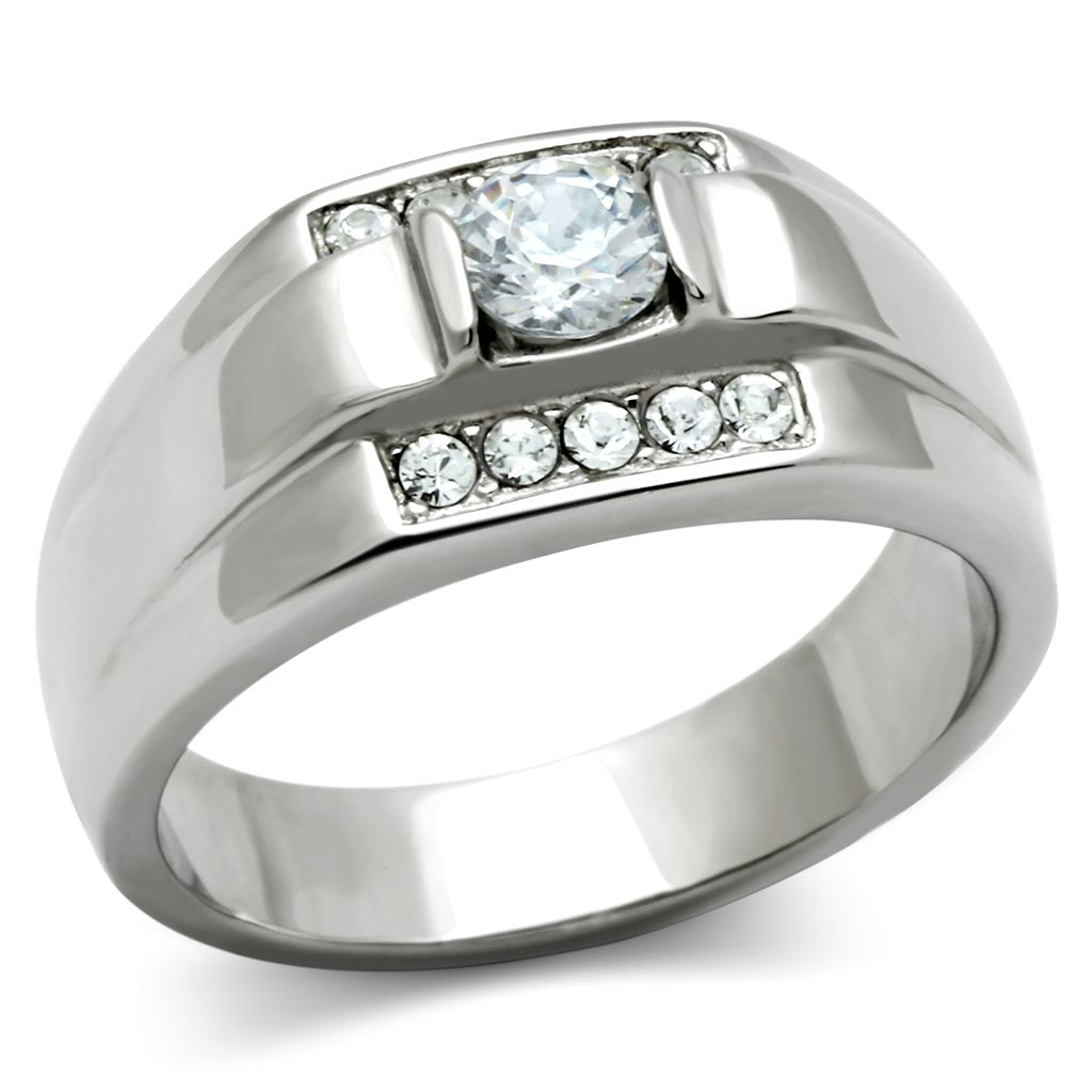 MATK314 - High polished (no plating) Stainless Steel Ring with AAA Grade CZ  in Clear