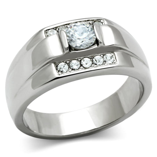MATK314 - High polished (no plating) Stainless Steel Ring with AAA Grade CZ  in Clear