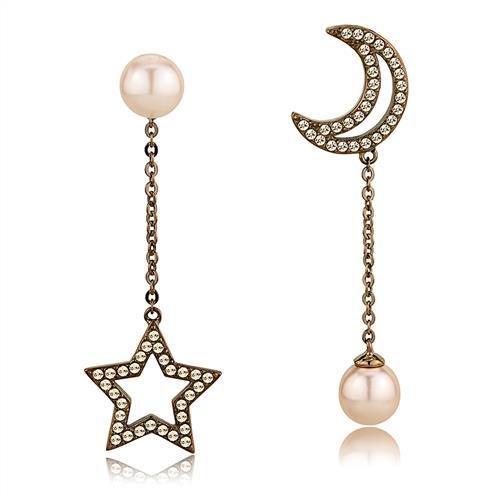 MATK3155 - IP Coffee light Stainless Steel Earrings with Synthetic Pearl in Light Peach