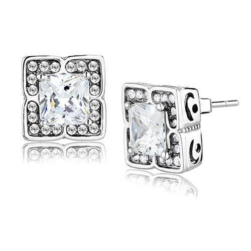 MATK3157 - High polished (no plating) Stainless Steel Earrings with AAA Grade CZ  in Clear