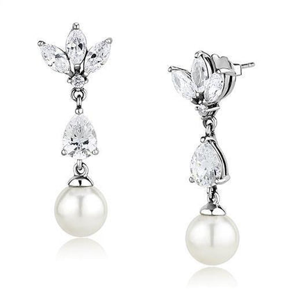 MATK3159 - Rhodium Stainless Steel Earrings with Synthetic Pearl in White