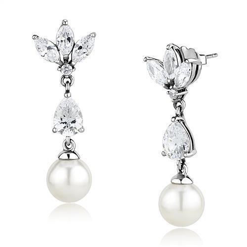MATK3159 - Rhodium Stainless Steel Earrings with Synthetic Pearl in White