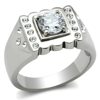 MATK315 - High polished (no plating) Stainless Steel Ring with AAA Grade CZ  in Clear