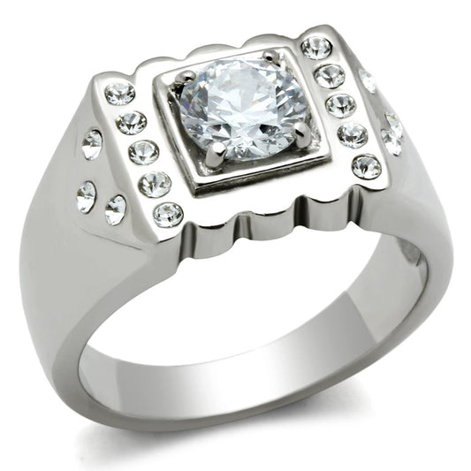 MATK315 - High polished (no plating) Stainless Steel Ring with AAA Grade CZ  in Clear