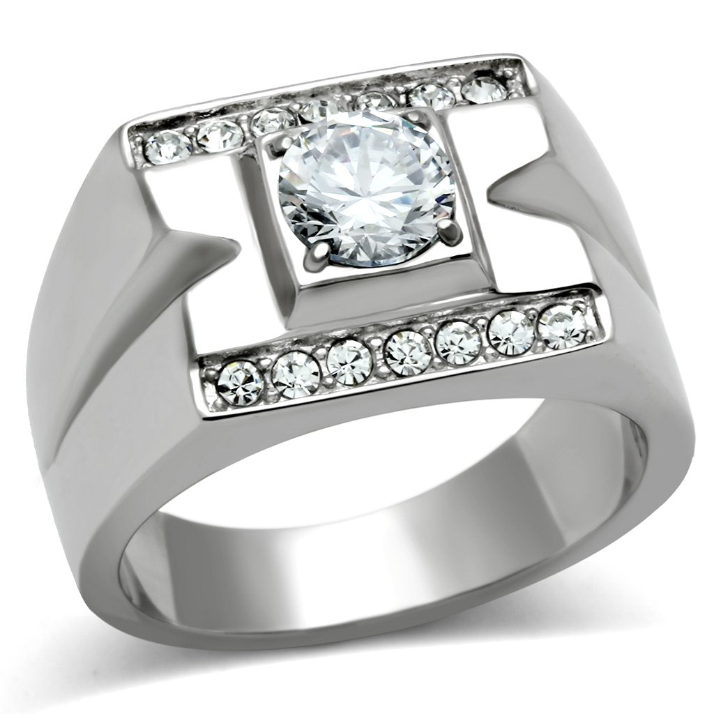 MATK316 - High polished (no plating) Stainless Steel Ring with AAA Grade CZ  in Clear
