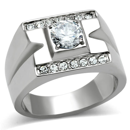MATK316 - High polished (no plating) Stainless Steel Ring with AAA Grade CZ  in Clear