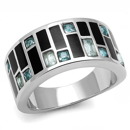 MATK3175 - High polished (no plating) Stainless Steel Ring with Synthetic Synthetic Glass in Sea Blue