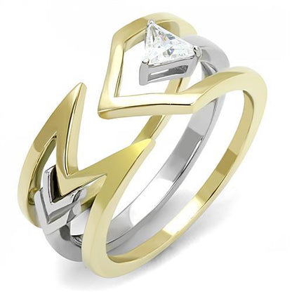 MATK3183 - Two-Tone IP Gold (Ion Plating) Stainless Steel Ring with AAA Grade CZ  in Clear