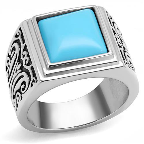 MATK3188 - High polished (no plating) Stainless Steel Ring with Synthetic Turquoise in Sea Blue