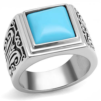 MATK3188 - High polished (no plating) Stainless Steel Ring with Synthetic Turquoise in Sea Blue
