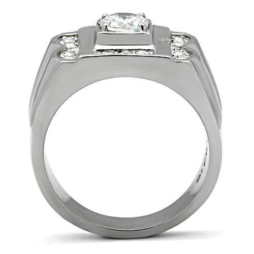 MATK318 - High polished (no plating) Stainless Steel Ring with AAA Grade CZ  in Clear