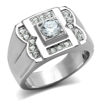 MATK318 - High polished (no plating) Stainless Steel Ring with AAA Grade CZ  in Clear