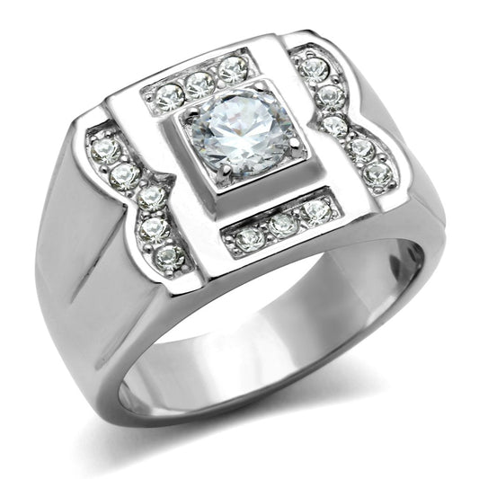 MATK318 - High polished (no plating) Stainless Steel Ring with AAA Grade CZ  in Clear