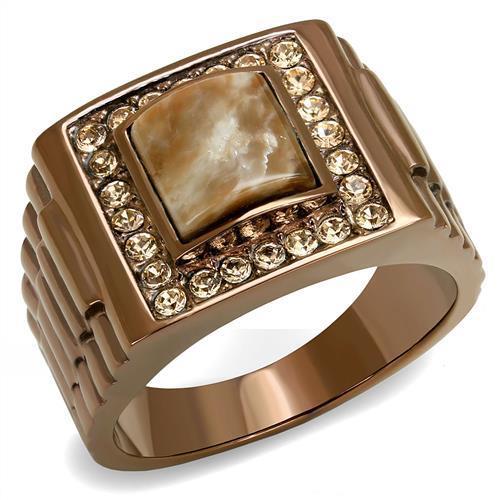 MATK3190 - IP Coffee light Stainless Steel Ring with Semi-Precious Rain Flower Stone in Brown