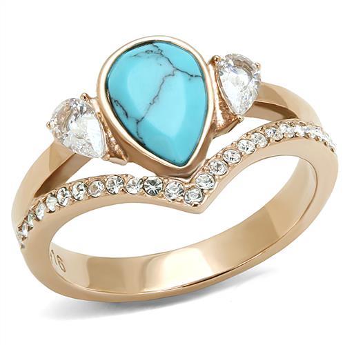 MATK3200 - IP Rose Gold(Ion Plating) Stainless Steel Ring with Synthetic Turquoise in Sea Blue