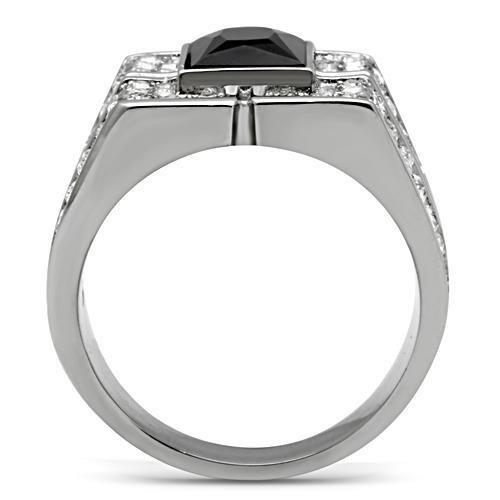 MATK320 - High polished (no plating) Stainless Steel Ring with Synthetic Synthetic Glass in Jet