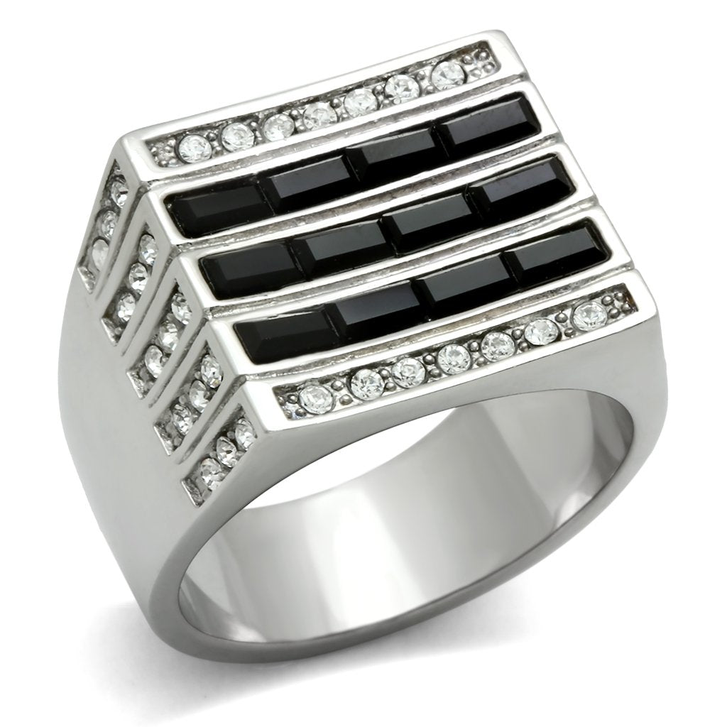 MATK321 - High polished (no plating) Stainless Steel Ring with Top Grade Crystal  in Jet