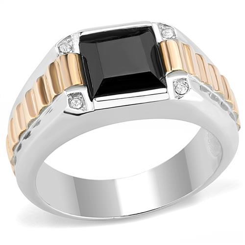 MATK3227 - Two-Tone IP Rose Gold Stainless Steel Ring with Synthetic Onyx in Jet