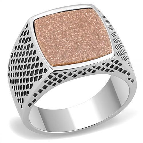 MATK3228 - High polished (no plating) Stainless Steel Ring with Semi-Precious Gold Sand Stone in Siam