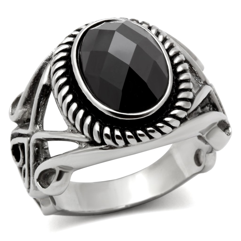 MATK322 - High polished (no plating) Stainless Steel Ring with AAA Grade CZ  in Black Diamond