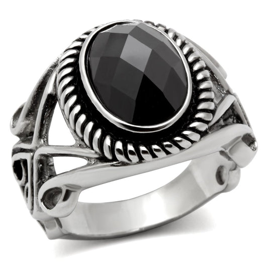 MATK322 - High polished (no plating) Stainless Steel Ring with AAA Grade CZ  in Black Diamond