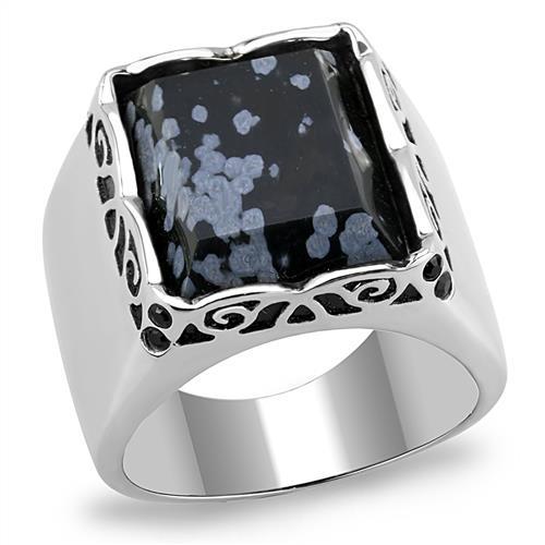 MATK3230 - High polished (no plating) Stainless Steel Ring with Semi-Precious Snowflake Obsidian in Jet