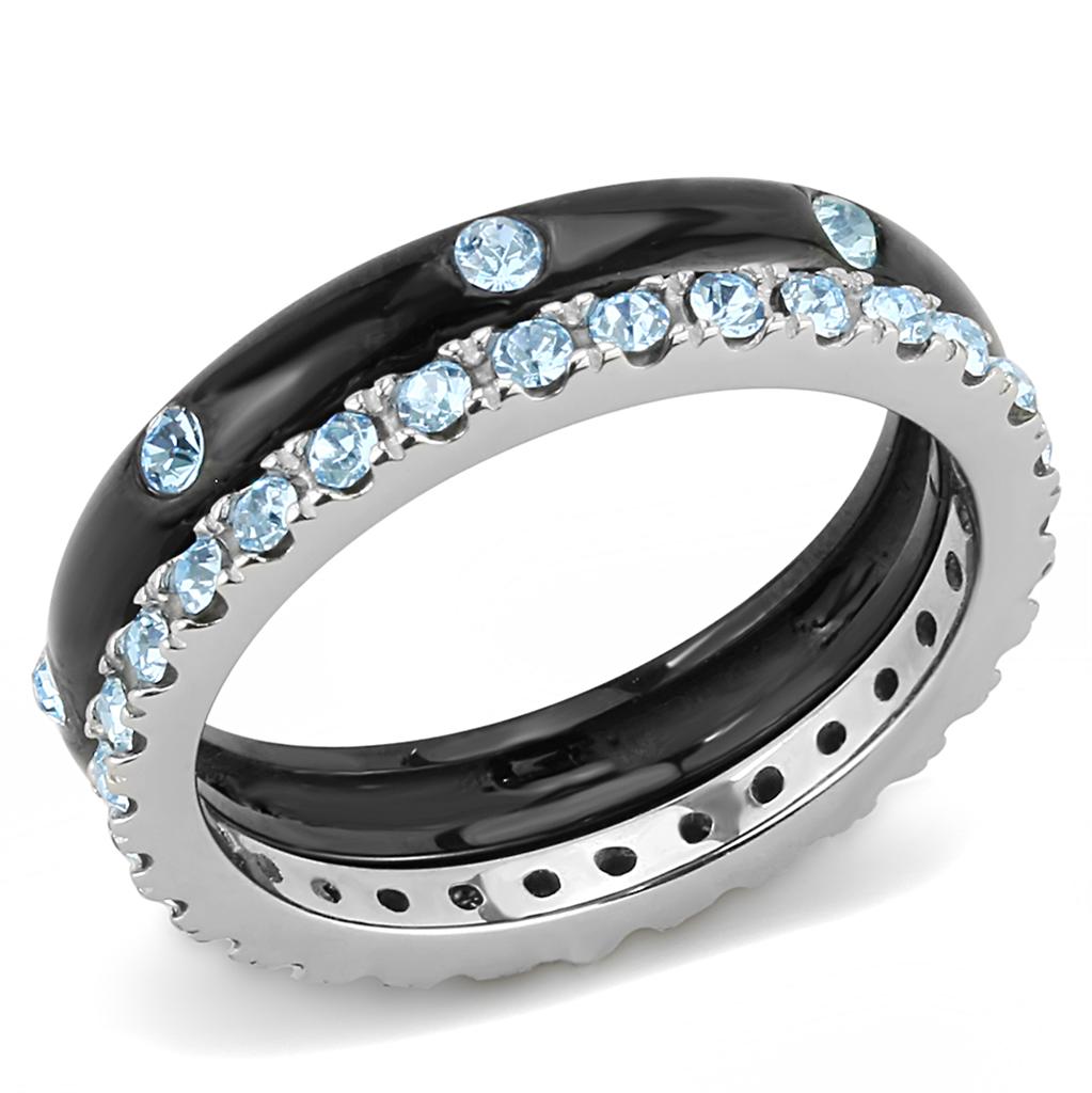 MATK3233 - Two-Tone IP Black (Ion Plating) Stainless Steel Ring with Top Grade Crystal  in Sea Blue