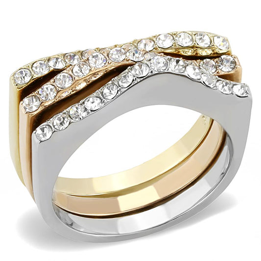 MATK3234 - Three Tone (IP Gold & IP Rose Gold & High Polished) Stainless Steel Ring with Top Grade Crystal  in Clear