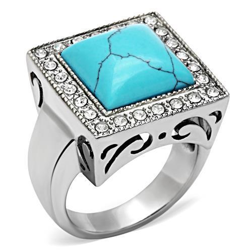 MATK323 - High polished (no plating) Stainless Steel Ring with Synthetic Turquoise in Sea Blue