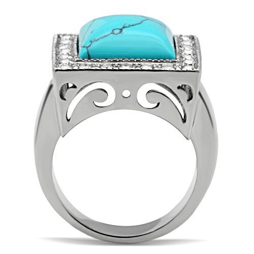 MATK323 - High polished (no plating) Stainless Steel Ring with Synthetic Turquoise in Sea Blue