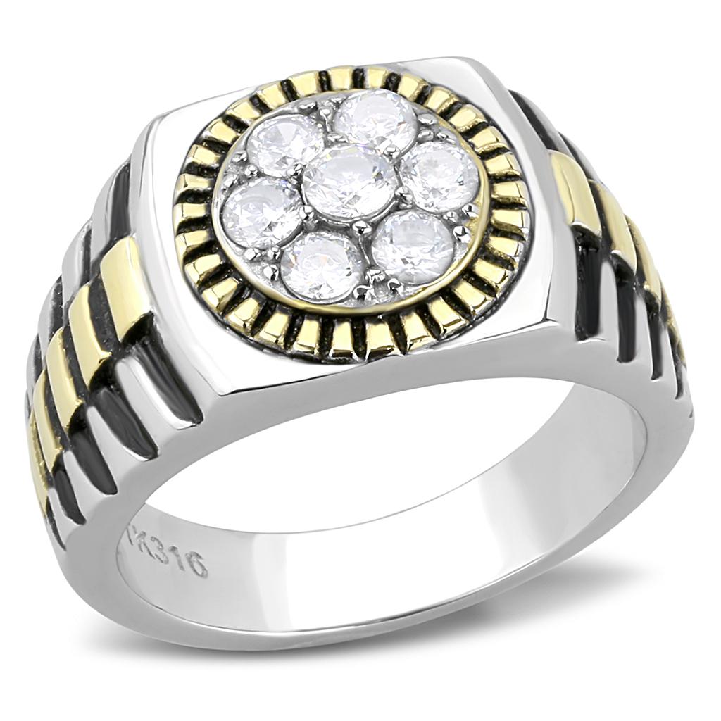 MATK3240 - Two-Tone IP Gold (Ion Plating) Stainless Steel Ring with AAA Grade CZ  in Clear
