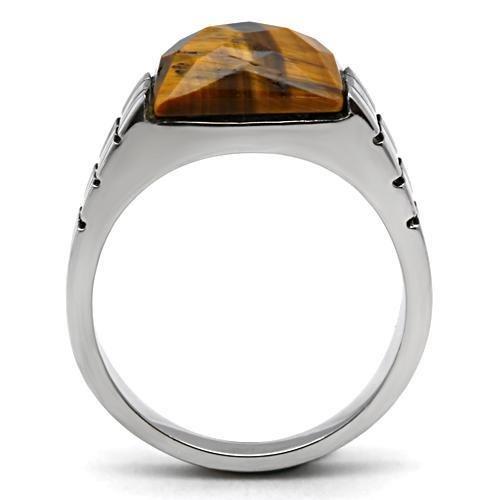 MATK324 - High polished (no plating) Stainless Steel Ring with Semi-Precious Tiger Eye in Smoked Quartz