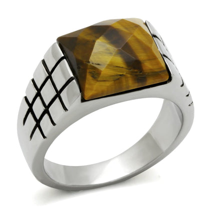 MATK324 - High polished (no plating) Stainless Steel Ring with Semi-Precious Tiger Eye in Smoked Quartz